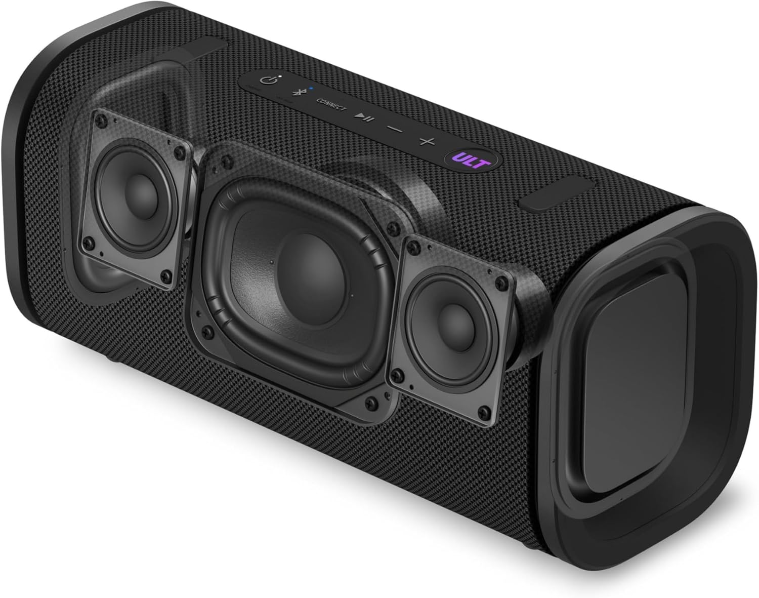 Black wireless speaker close-up with dual woofers and side control panel