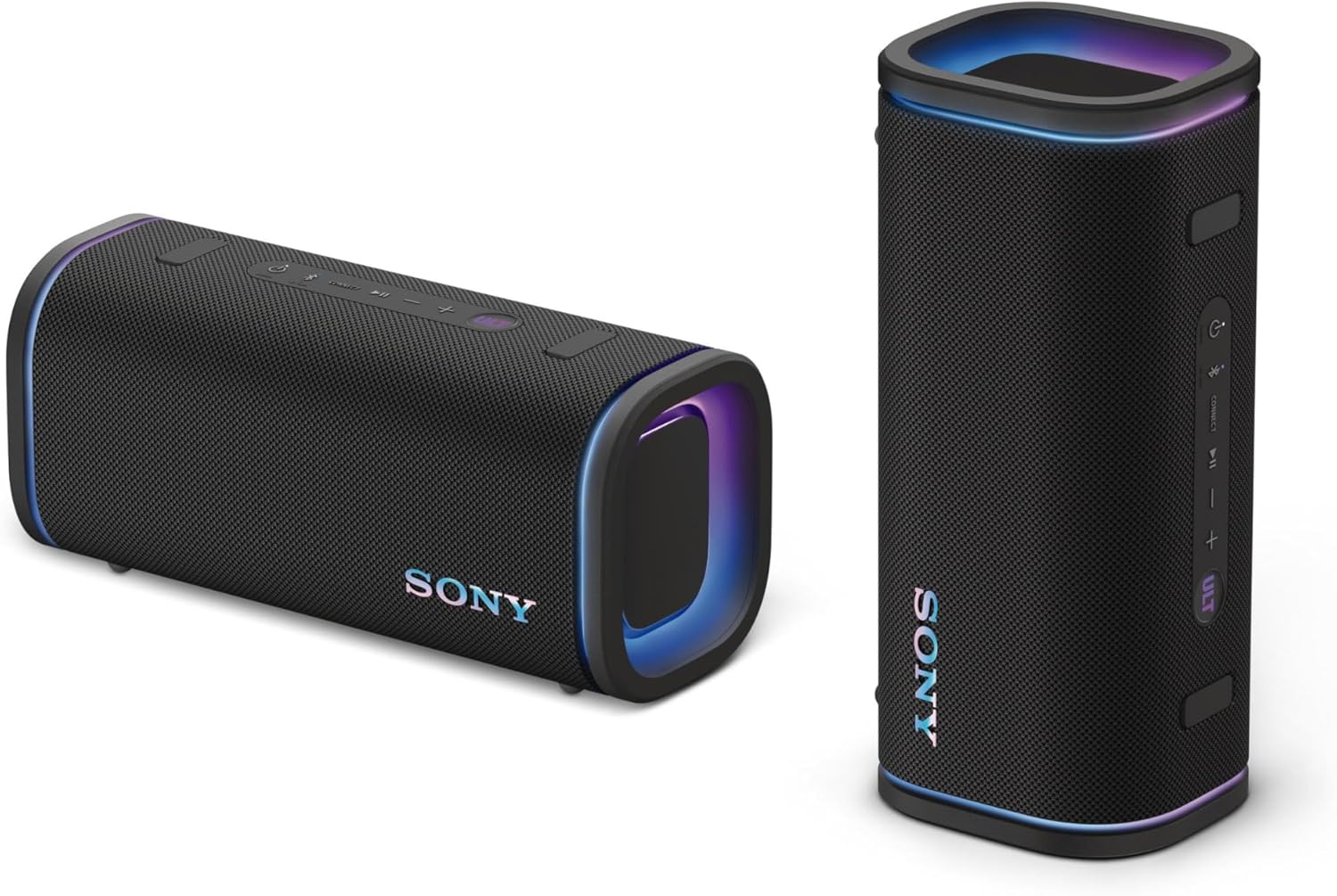 Black wireless portable speaker with glowing ring, buttons on side, upright view