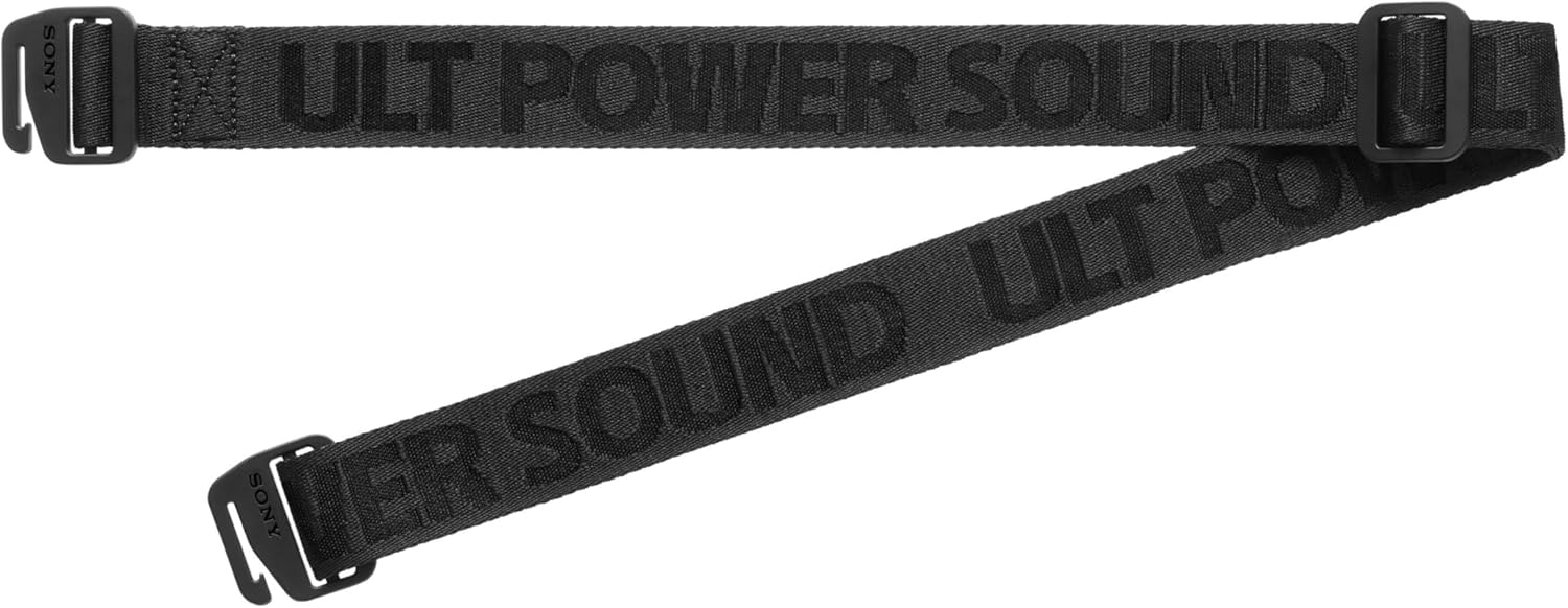 Black SONY fabric shoulder strap with buckle and “ULT POWER SOUND” text detail.