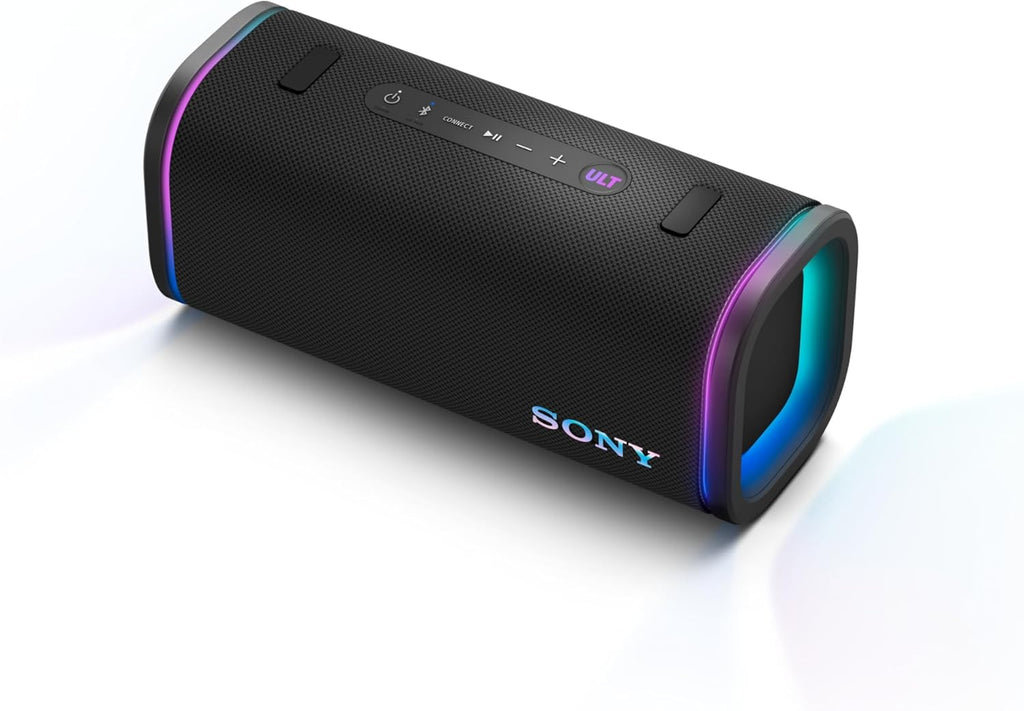Black wireless portable speaker with ULT-lit ring and top control buttons