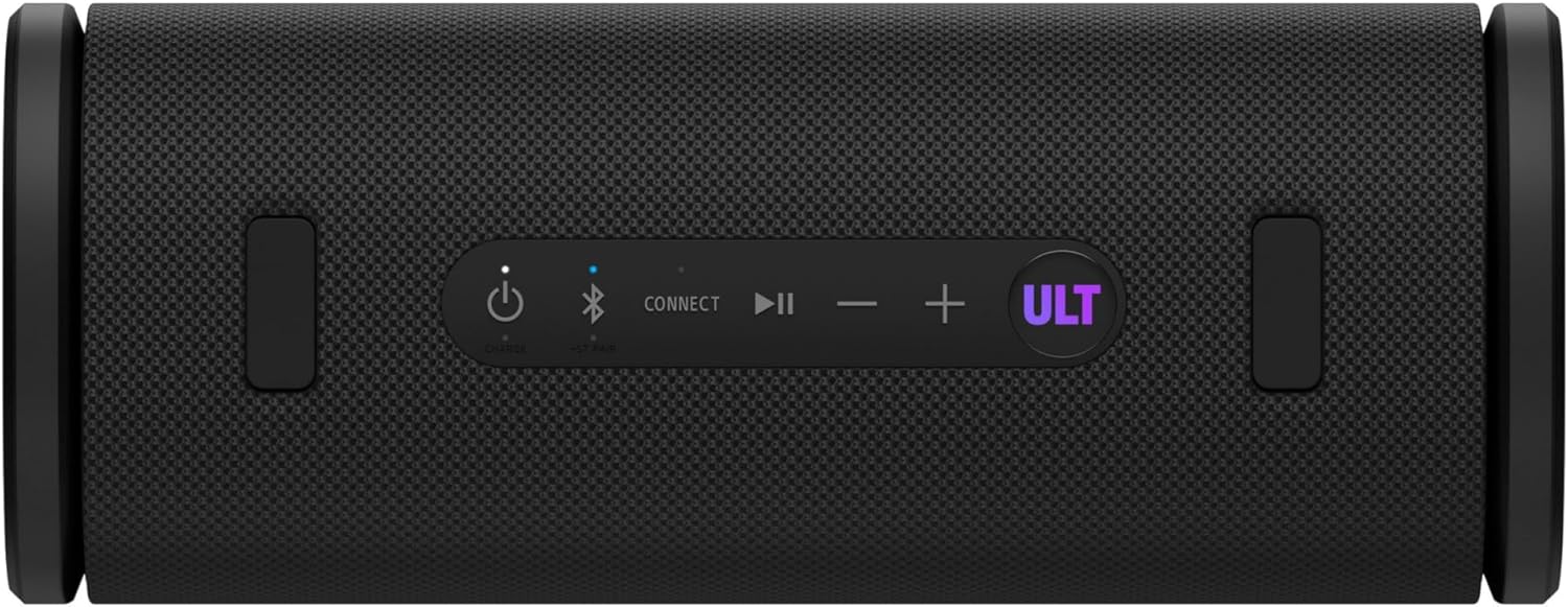 Black wireless portable speaker front panel with power and ULT indicator lights