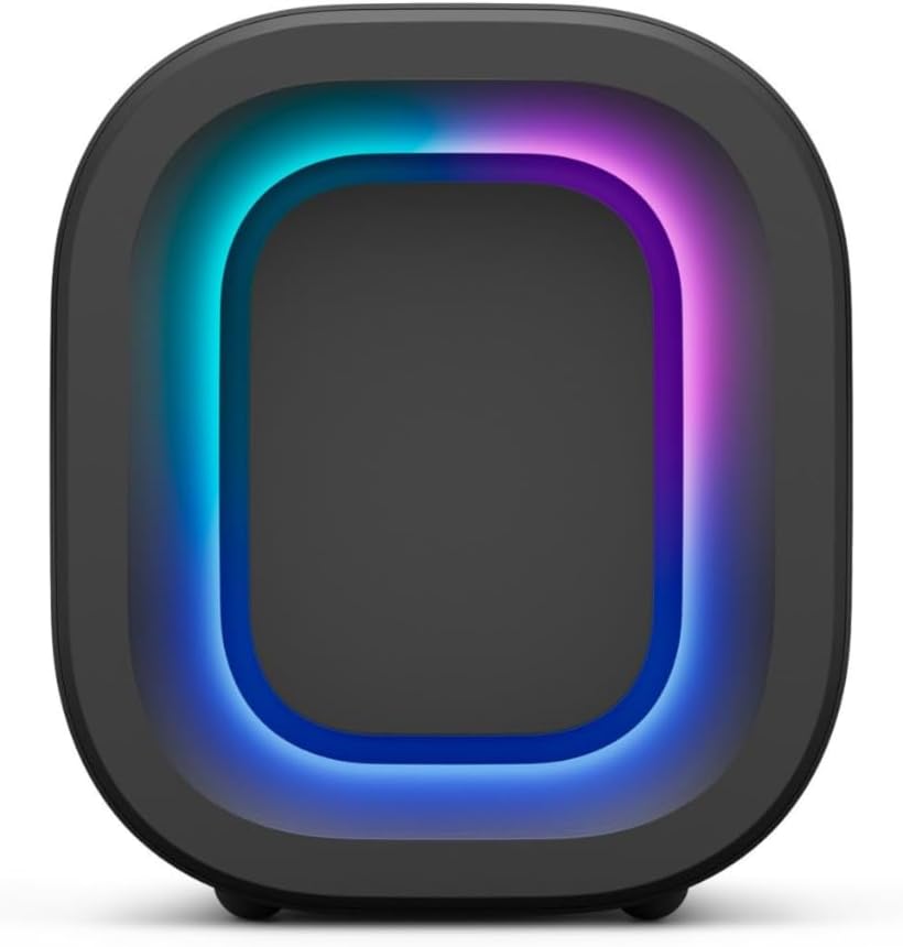 Black portable speaker with square LED ring glow in blue and purple