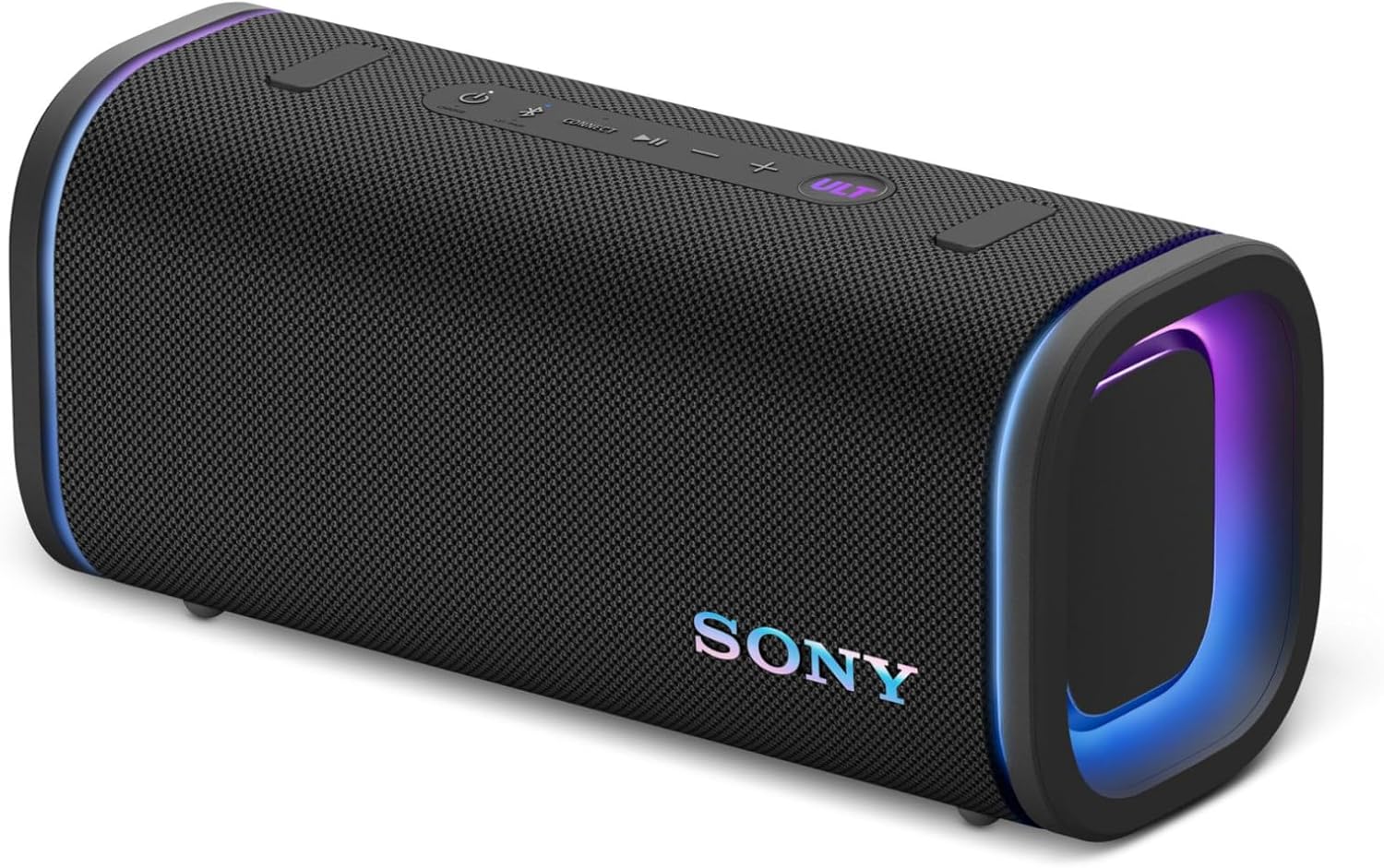 Black wireless portable speaker with side LED ring and textured front grille