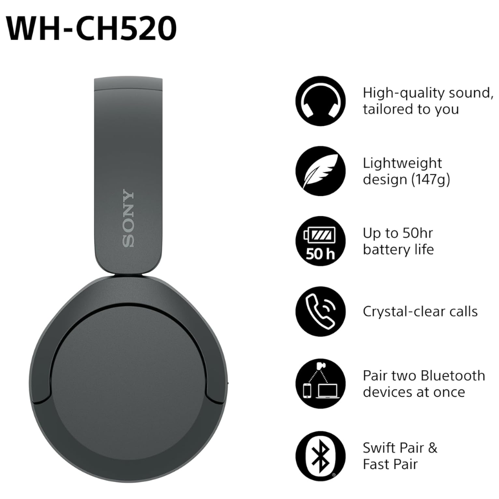 Black WH-CH520 over-ear wireless Bluetooth headphones, front and side