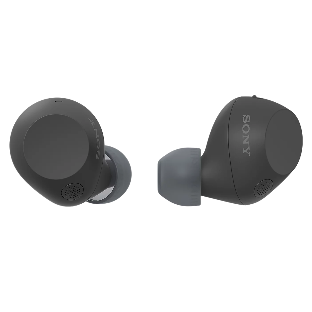 Wireless noise-cancelling earbuds in black with ear tips and short stems