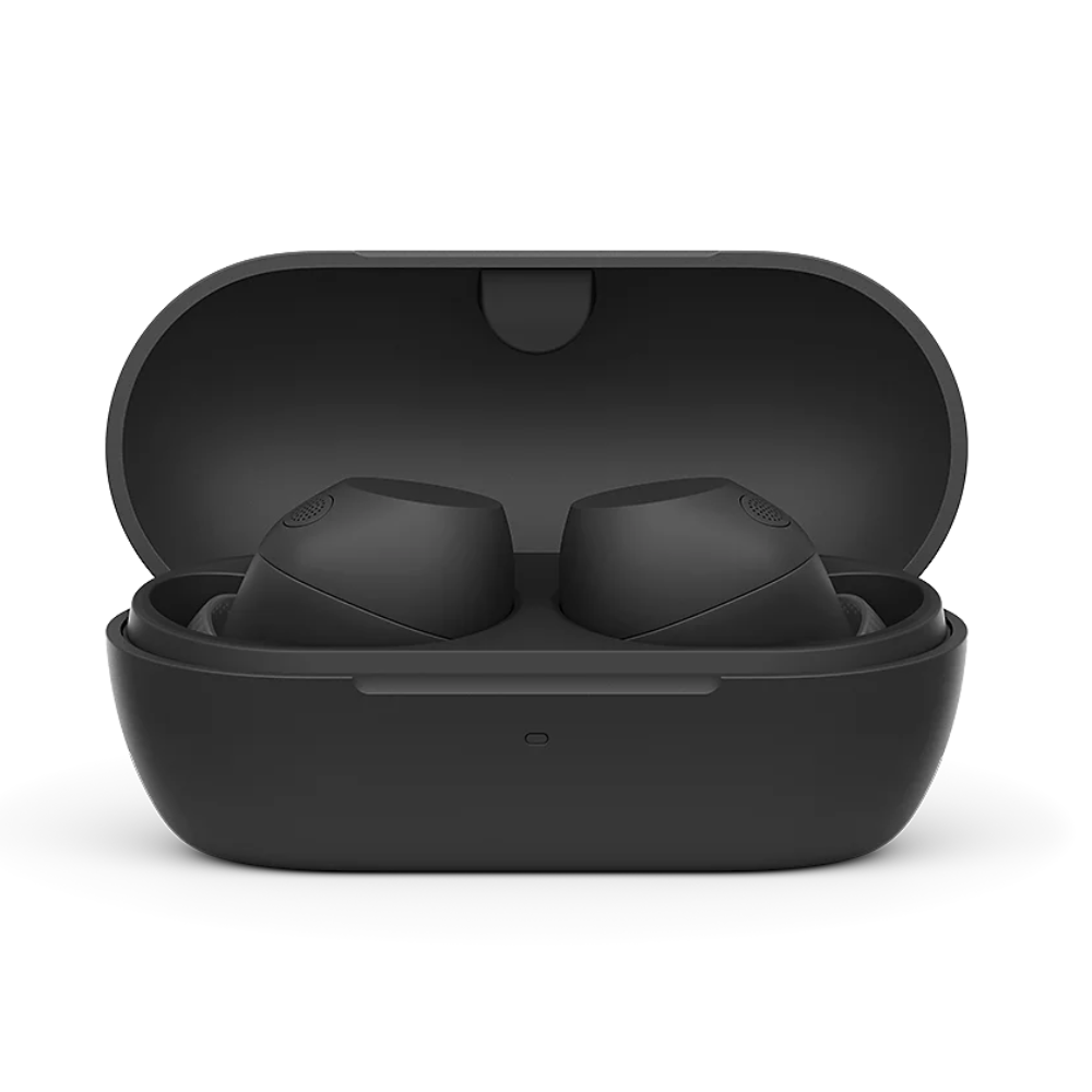 Wireless noise-cancelling earbuds in open black charging case with two earbuds