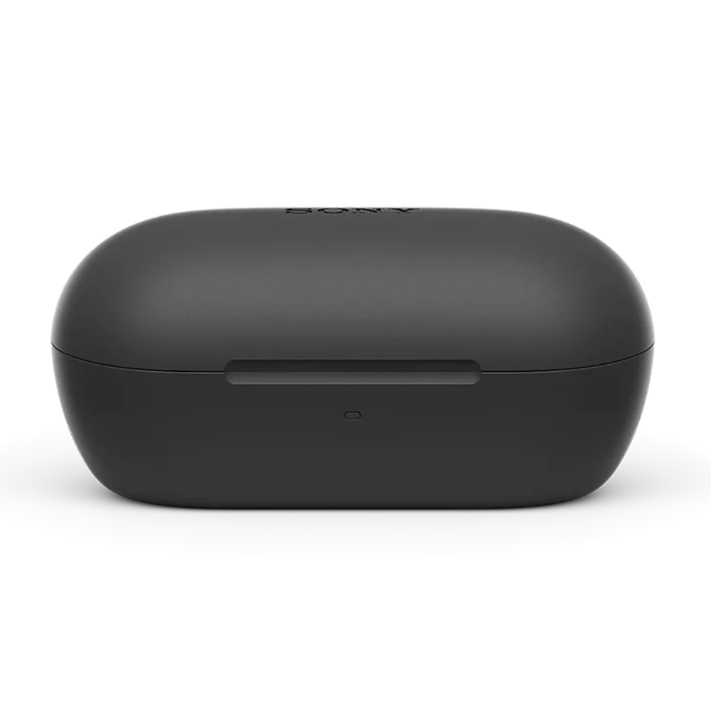 Black wireless noise-cancelling earbuds charging case with front button