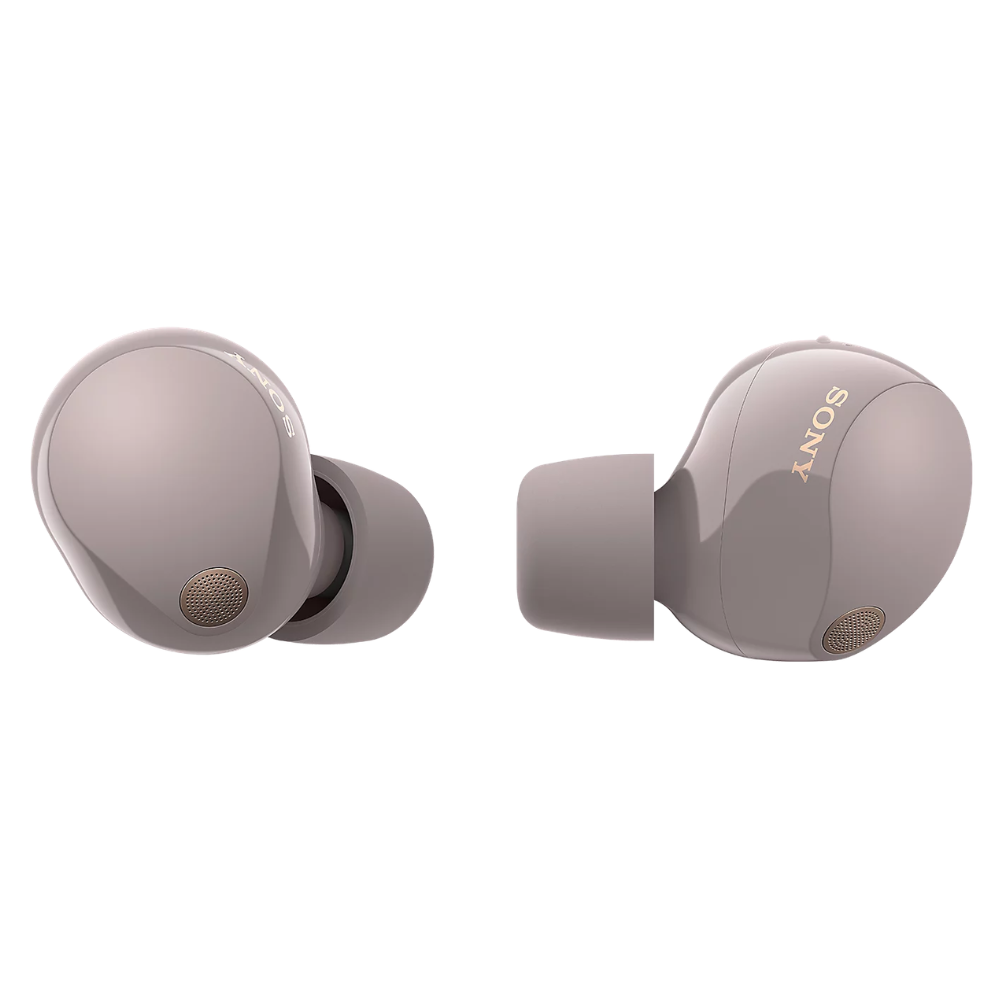 Smokey pink wireless earbuds with in-ear tips, shown at front angle
