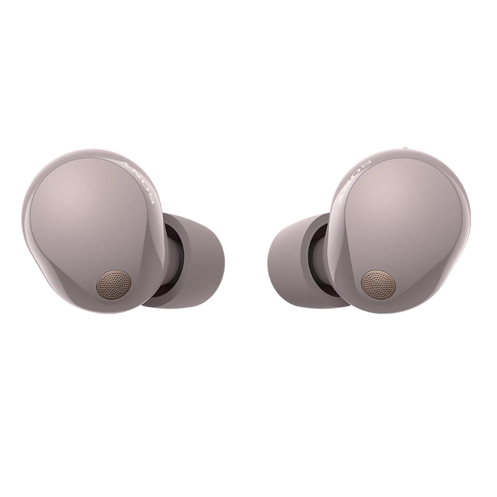 Smokey pink wireless earbuds with in-ear tips, earbuds facing outward