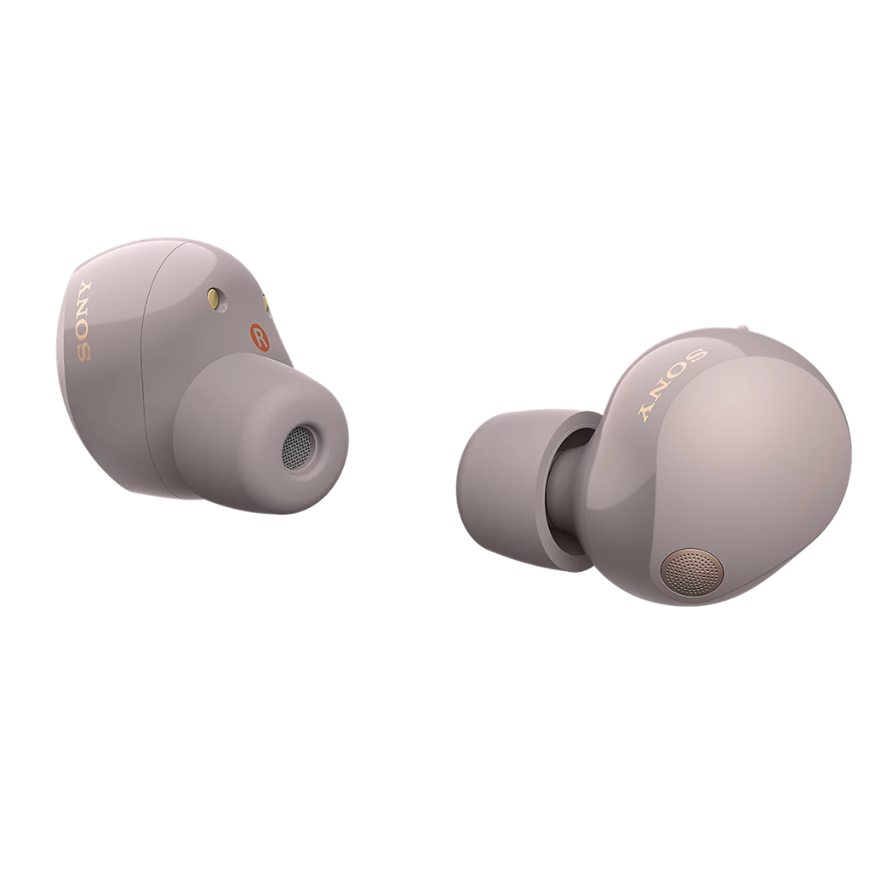 Smokey pink wireless earbuds with in-ear tips, left and right sides visible