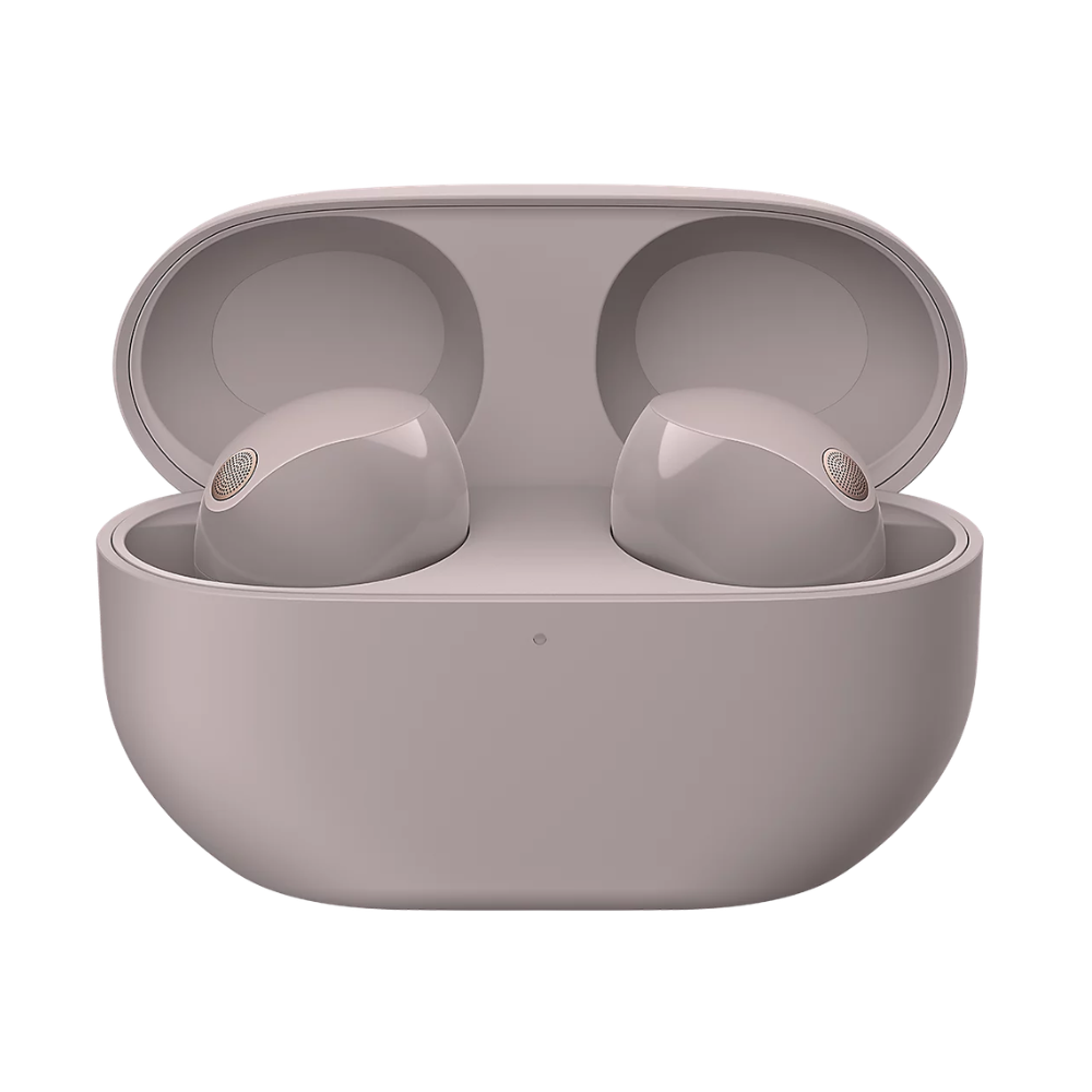 Smokey pink wireless earbuds in open charging case, earbuds seated inside