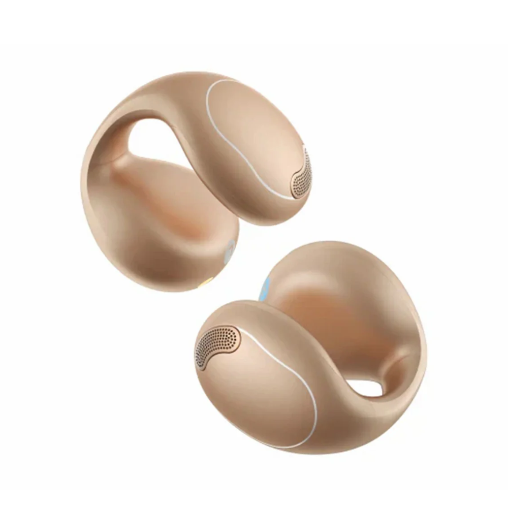 Bronze open-ear clip-on wireless earbuds with mesh speaker grilles, shown from side angles