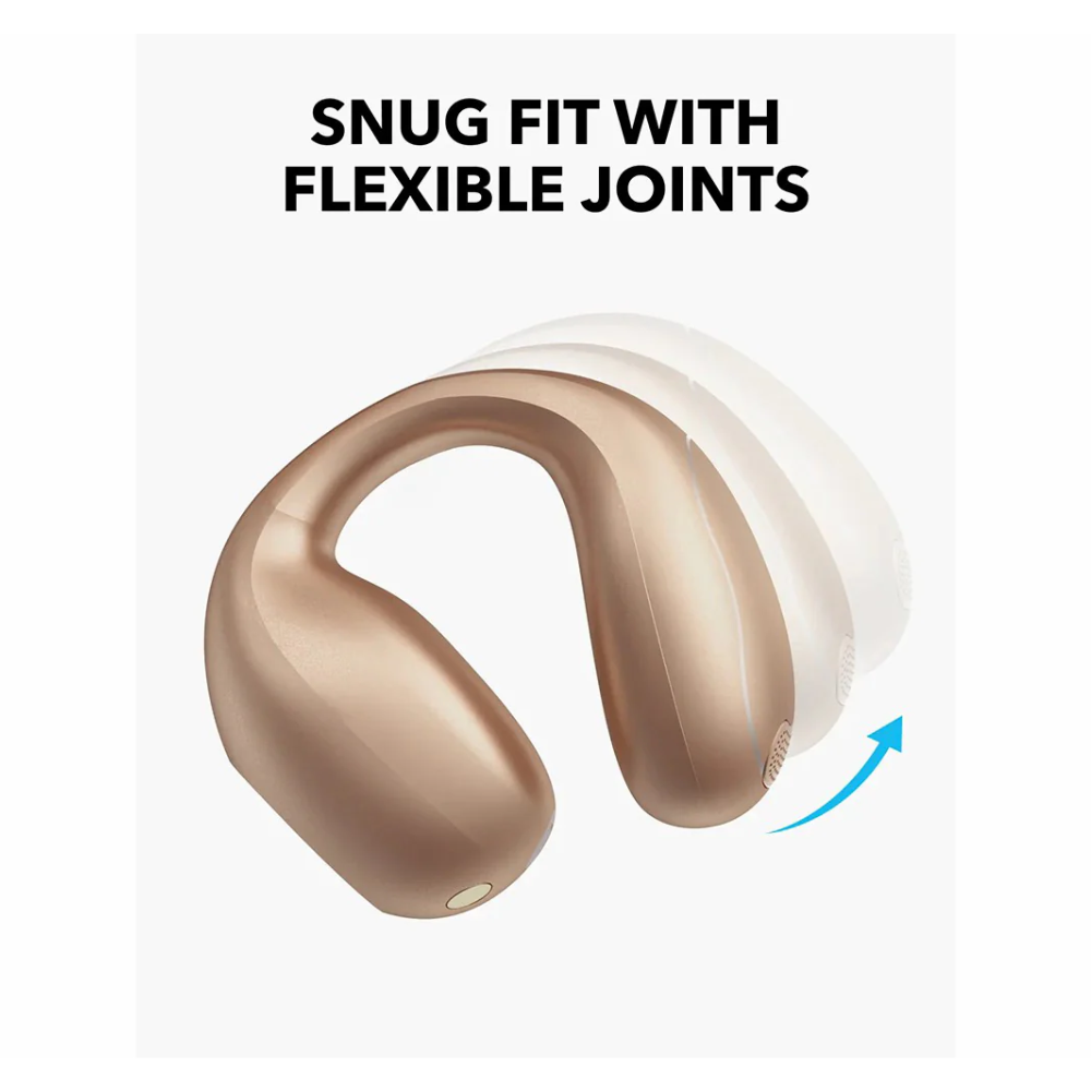 Bronze open-ear clip-on wireless earbuds with flexible joint, angled close-up