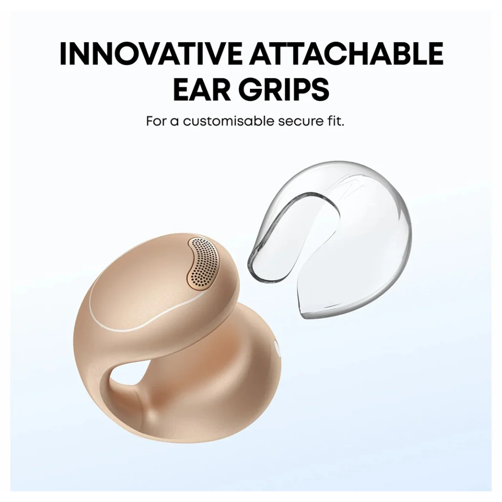 Bronze open-ear clip-on wireless earbuds with attachable ear grips and spare grip piece