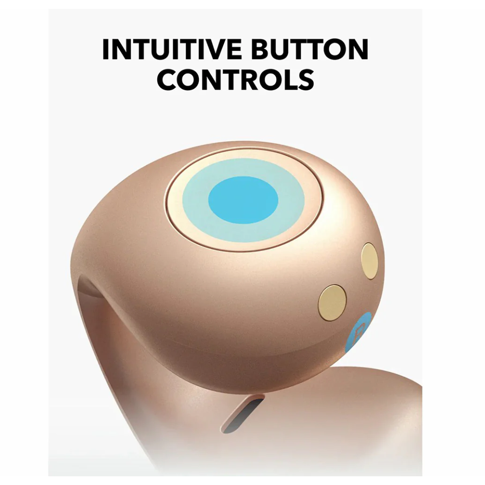 Bronze open-ear clip-on wireless earbud with intuitive touch button on outer shell