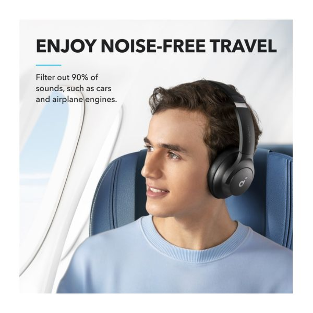 SOUNDCORE Q21i feature graphic: noise-free travel on cars and airplanes