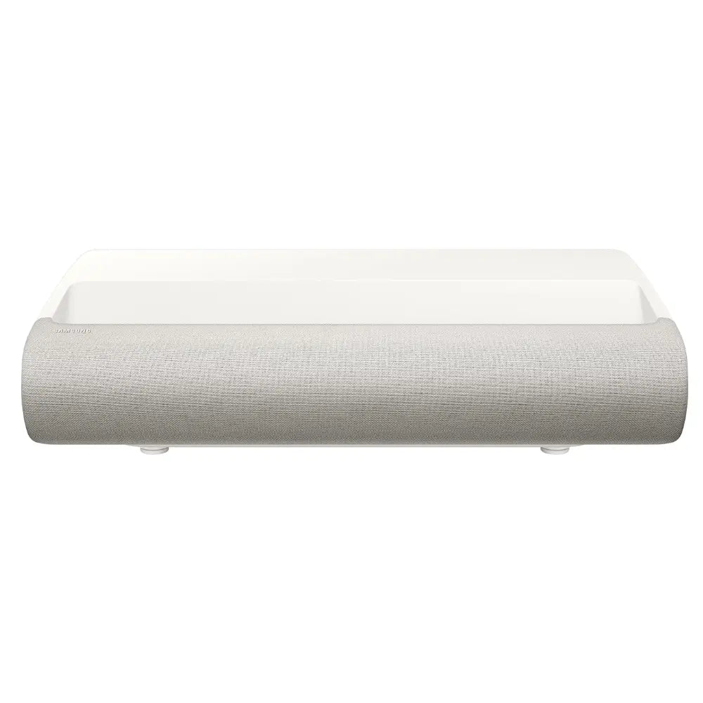 Light gray laser projector with white top vent and front speaker grille