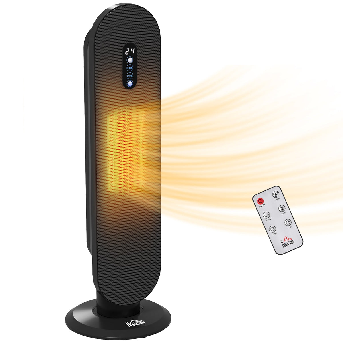 Black oscillating ceramic space heater with LED control panel and included remote