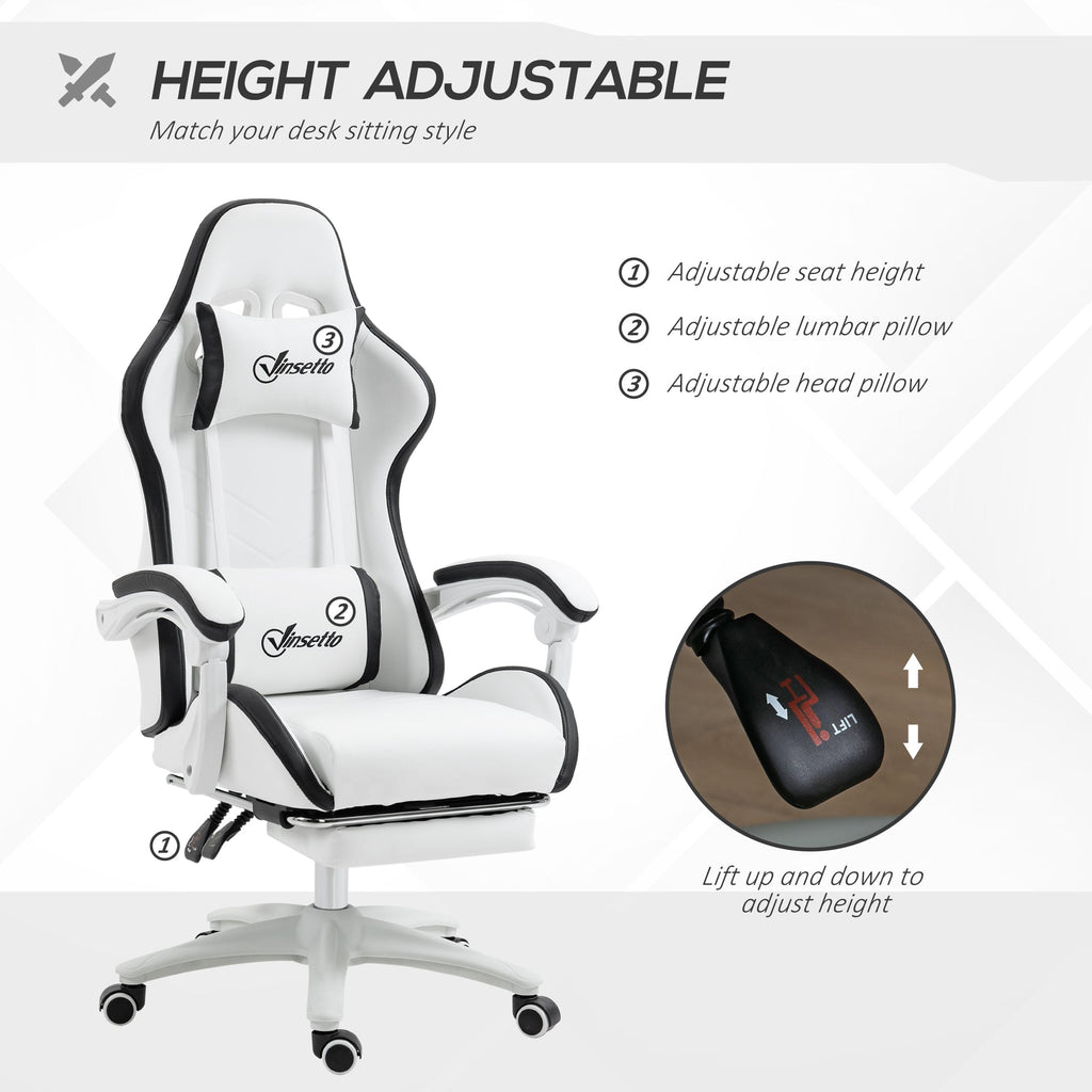 White gaming chair with adjustable seat height, headrest, and padded lumbar support.
