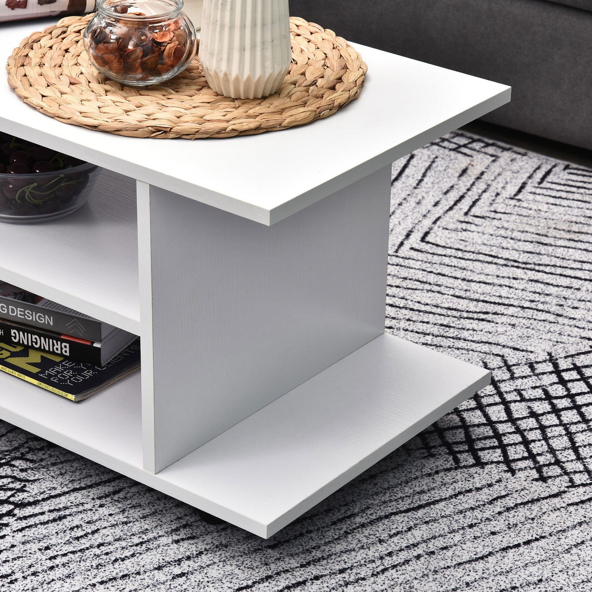 White 3-tier TV stand bookshelf cabinet with top surface and open side shelf
