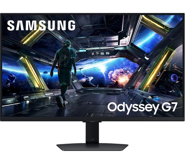 32-inch gaming monitor with black stand, front view, illuminated game display