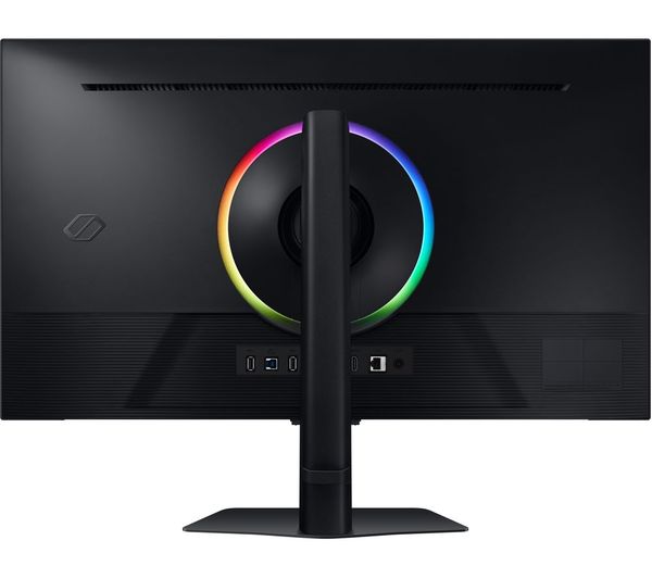 32-inch gaming monitor with RGB circular ring lighting at the stand center