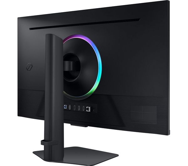 32-inch gaming monitor side view with RGB ring light around the stand post
