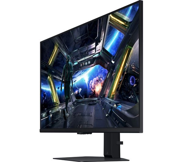32-inch gaming monitor three-quarter view with game screen and black base