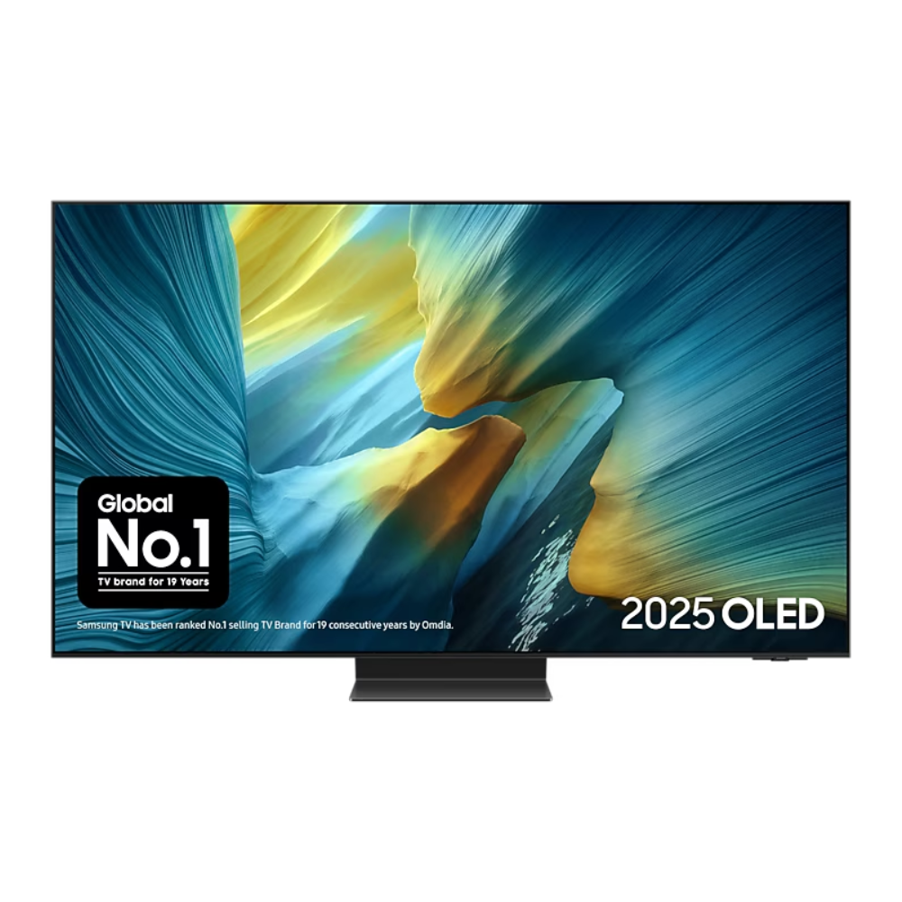 55-inch OLED 4K smart TV with slim stand, displaying vivid abstract screen artwork