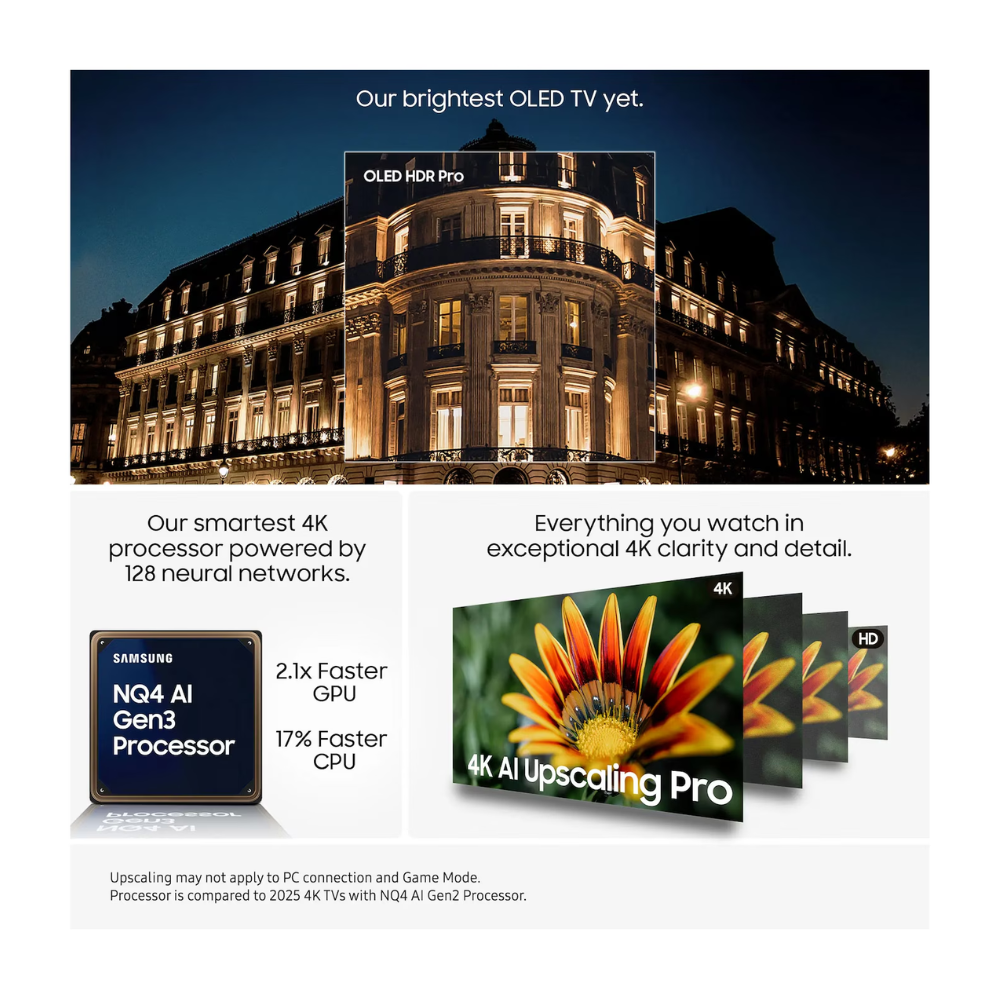 55-inch OLED 4K smart TV showing a nighttime city building light scene