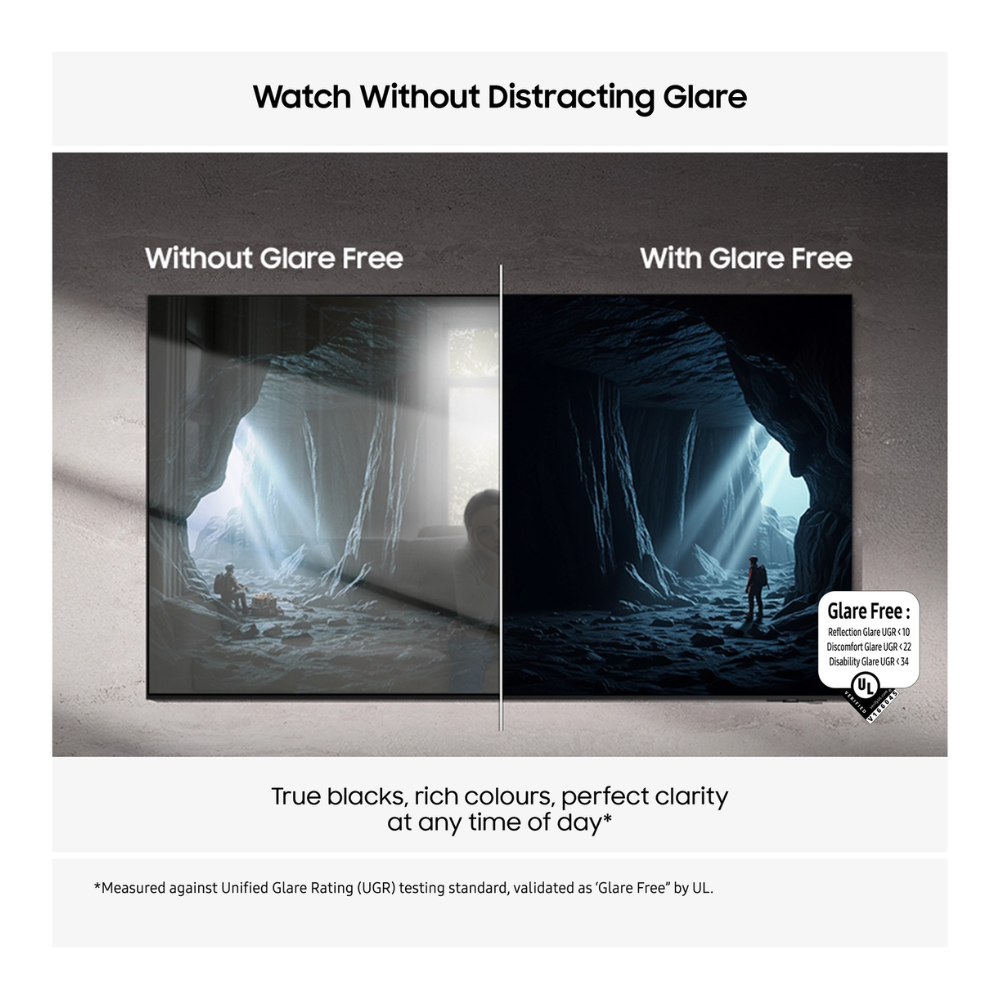 55-inch OLED 4K smart TV with split-screen landscape scene on the display