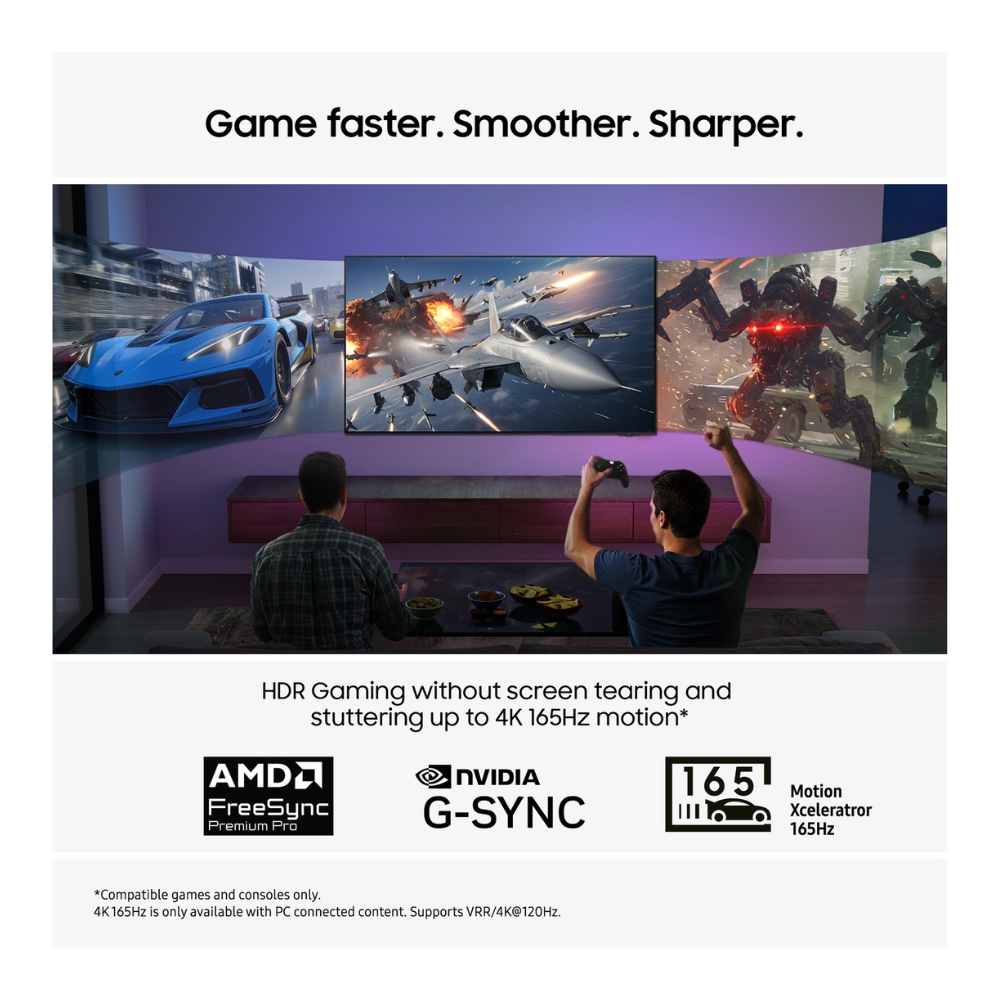 55-inch OLED 4K smart TV displaying three gaming action scenes