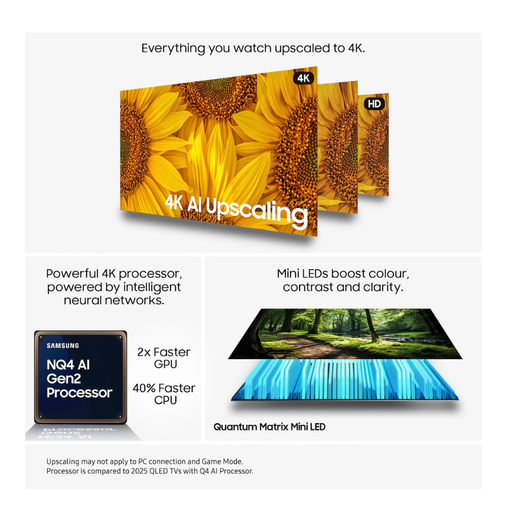 Neo QLED 4K smart TV with stand, showing 4K upscaling graphic