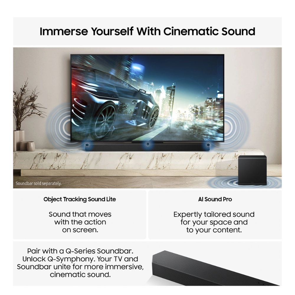 Neo QLED 4K smart TV on stand with city lights scene and sound wave effects