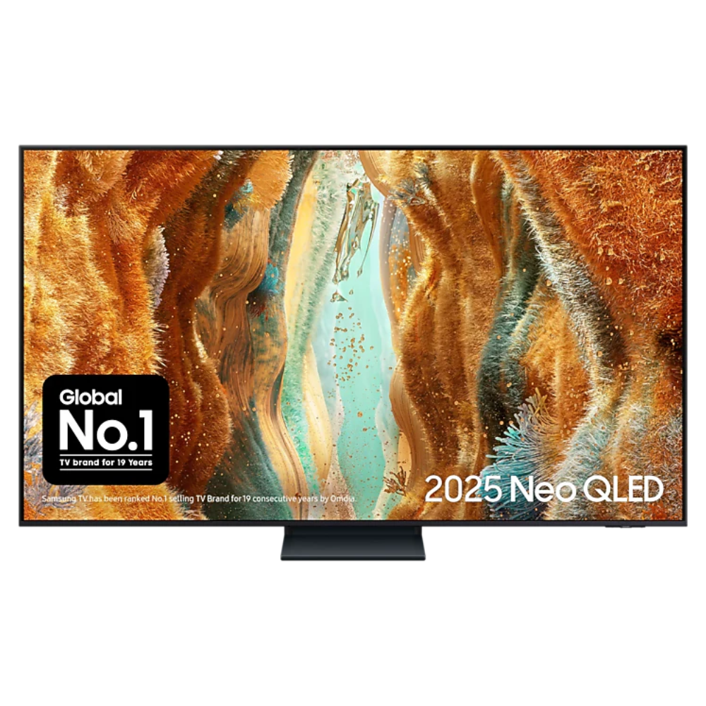 Neo QLED 4K smart TV on stand with 2025 Neo QLED screen artwork
