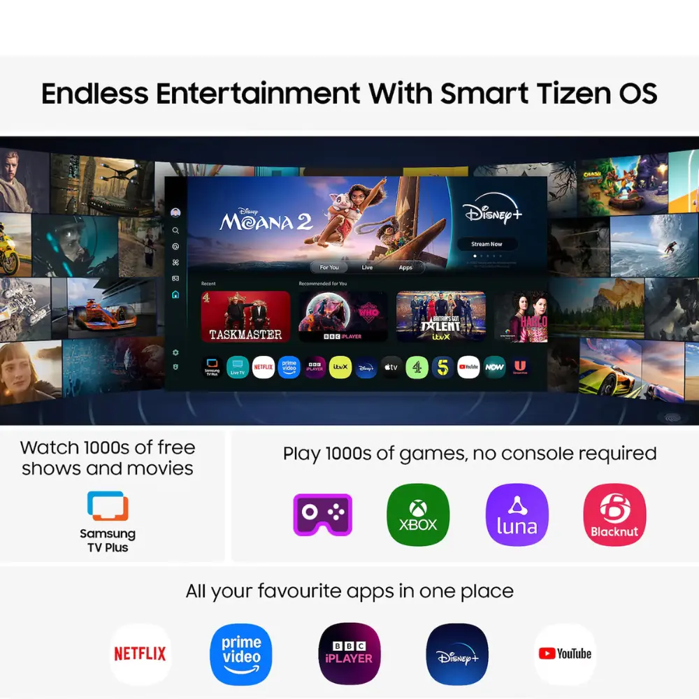 Samsung smart TV interface graphic with streaming apps and entertainment icons