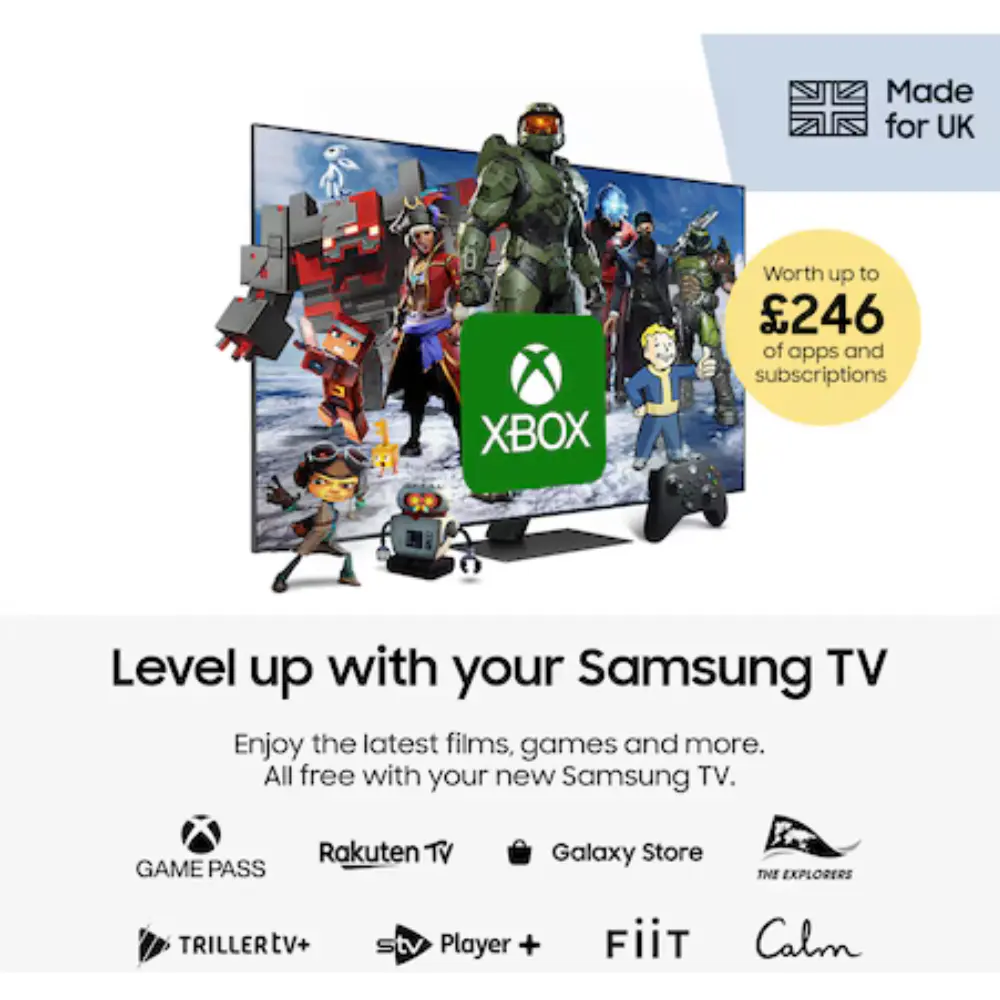 Samsung TV gaming feature graphic with Xbox, controllers, and subscription badges