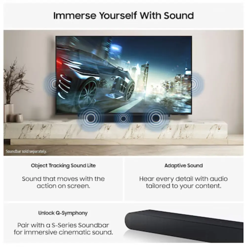 Samsung TV sound feature graphic with sound waves and a black soundbar