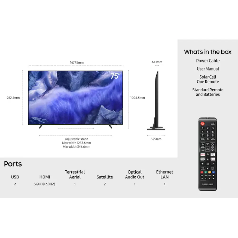 Samsung TV specs diagram with dimensions, ports chart, and remote control