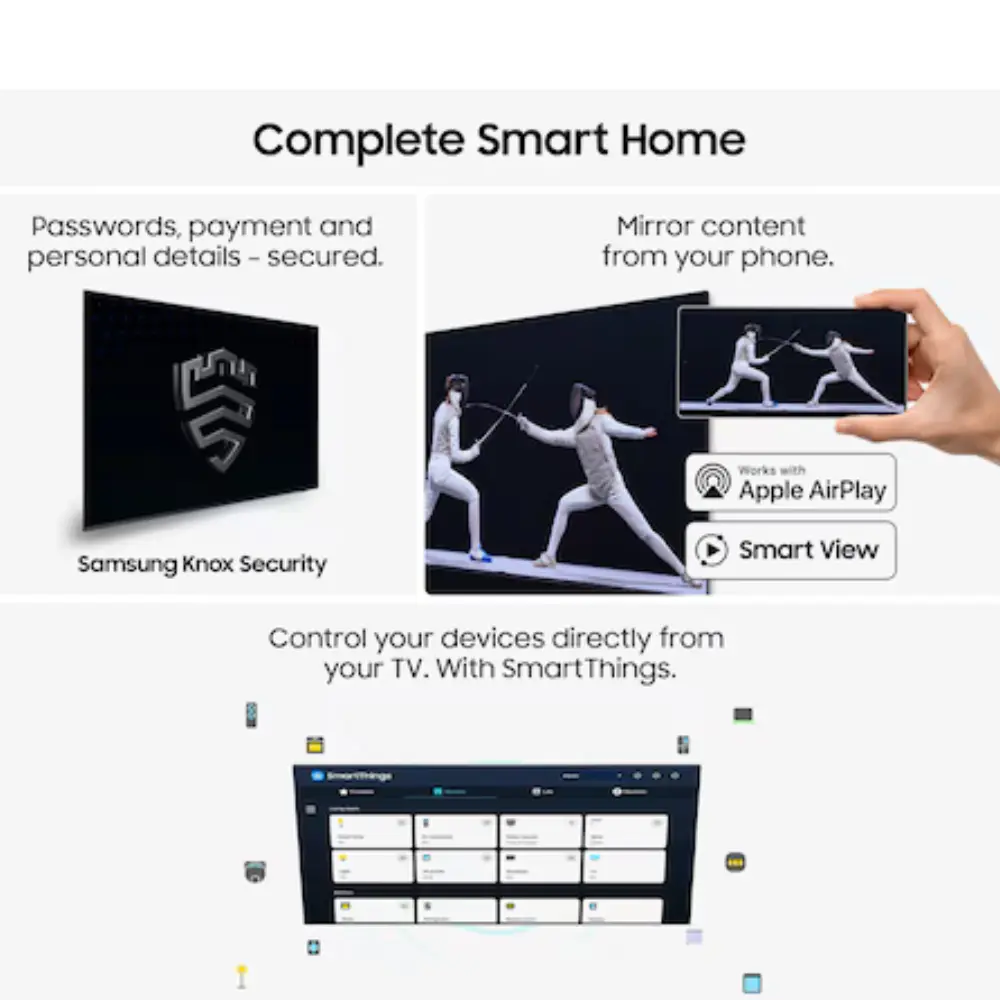 Samsung TV smart home feature panel with Knox security and device control icons