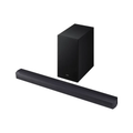 Black soundbar with separate rectangular subwoofer speaker, slim bar design