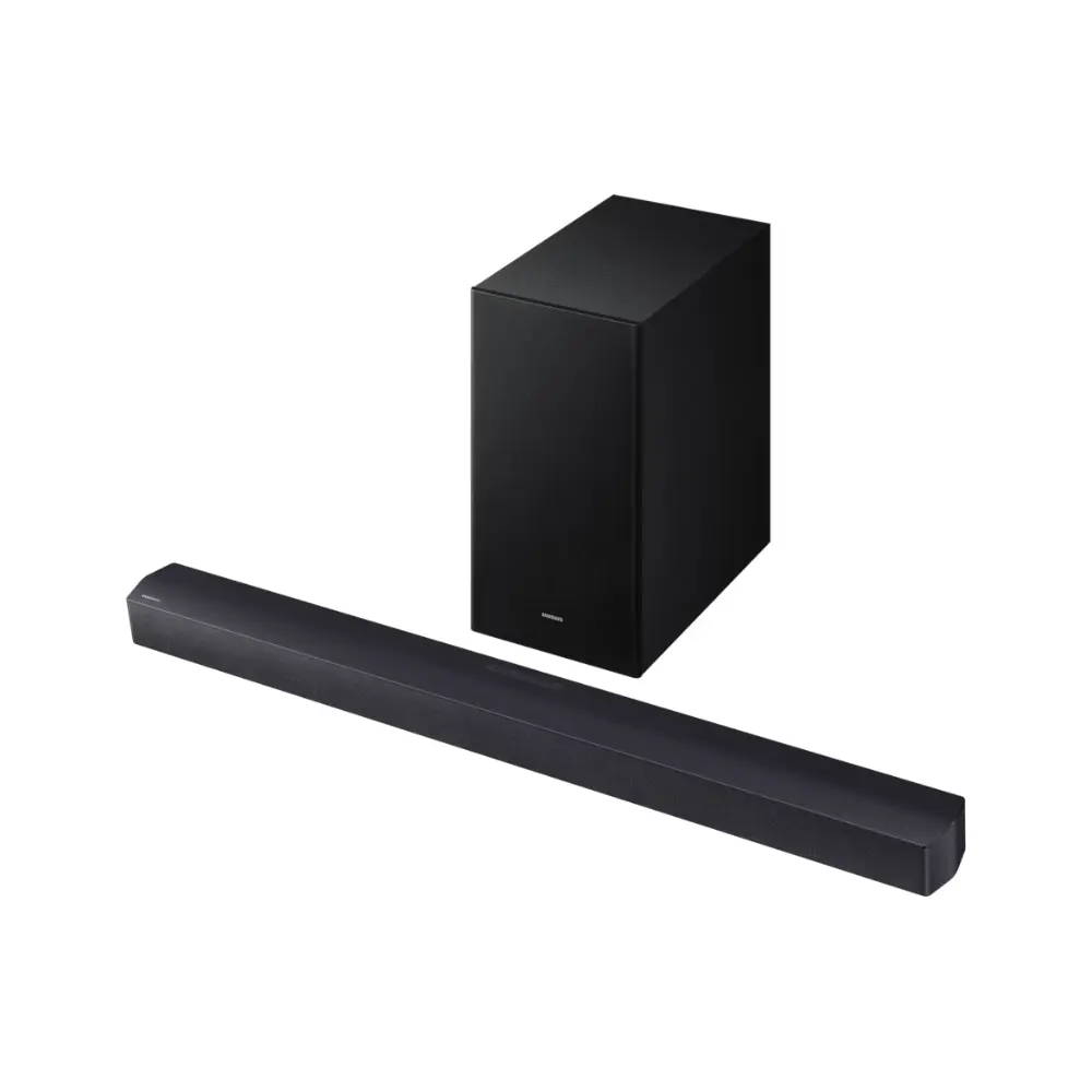 Black soundbar with separate rectangular subwoofer speaker, slim bar design
