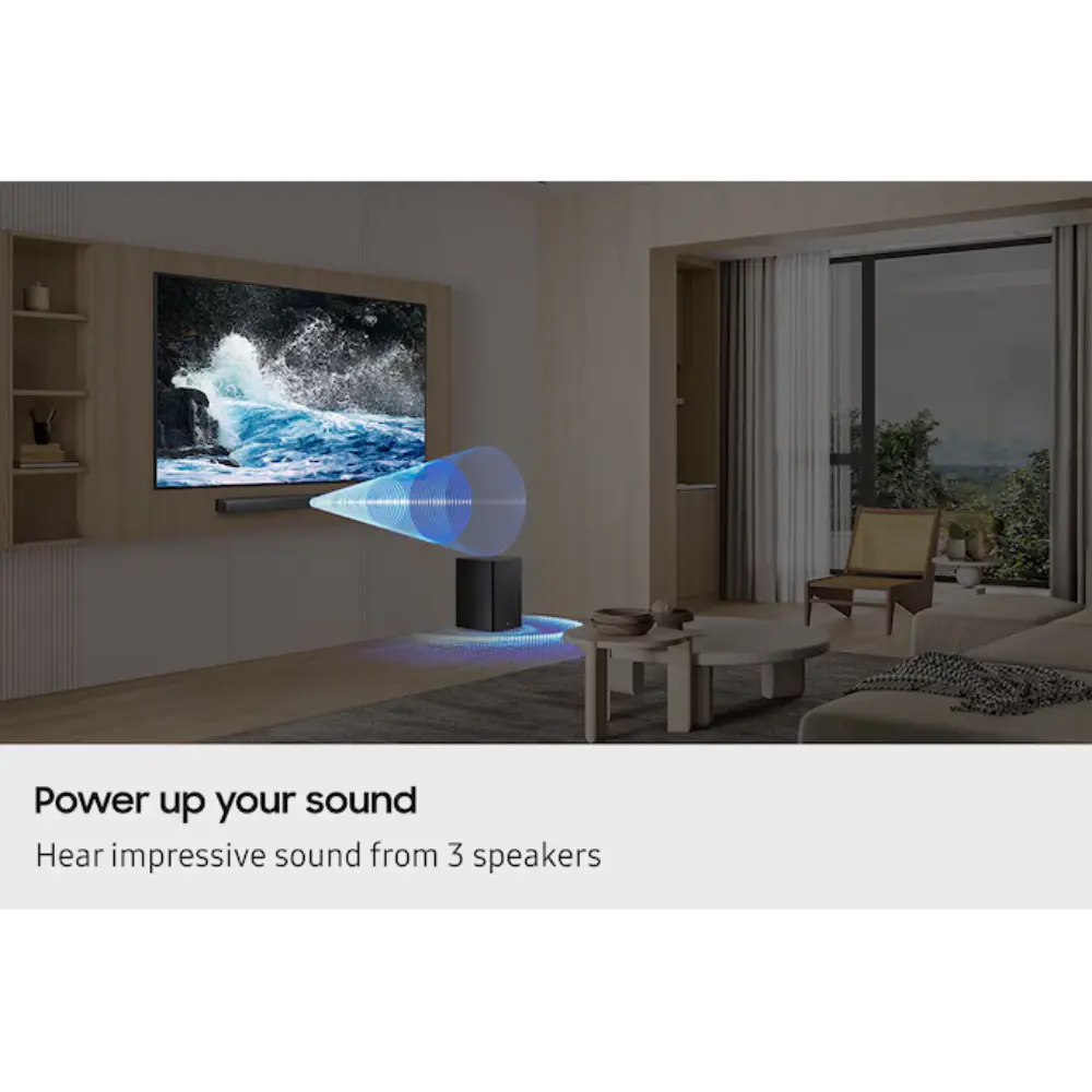 Soundbar and powered subwoofer in a living room, with blue audio-wave effect