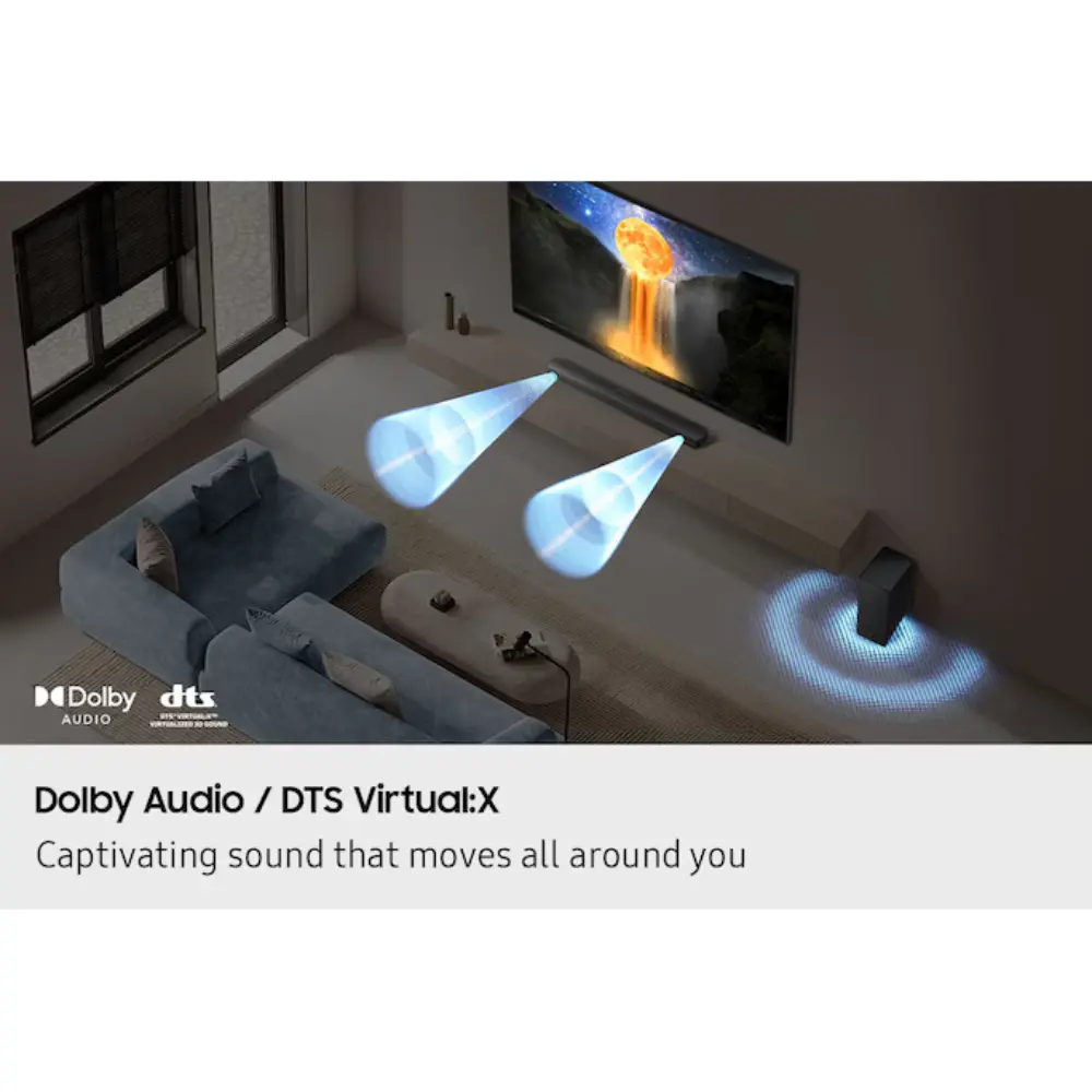 Soundbar and subwoofer with blue sound-wave visuals near a wall-mounted TV