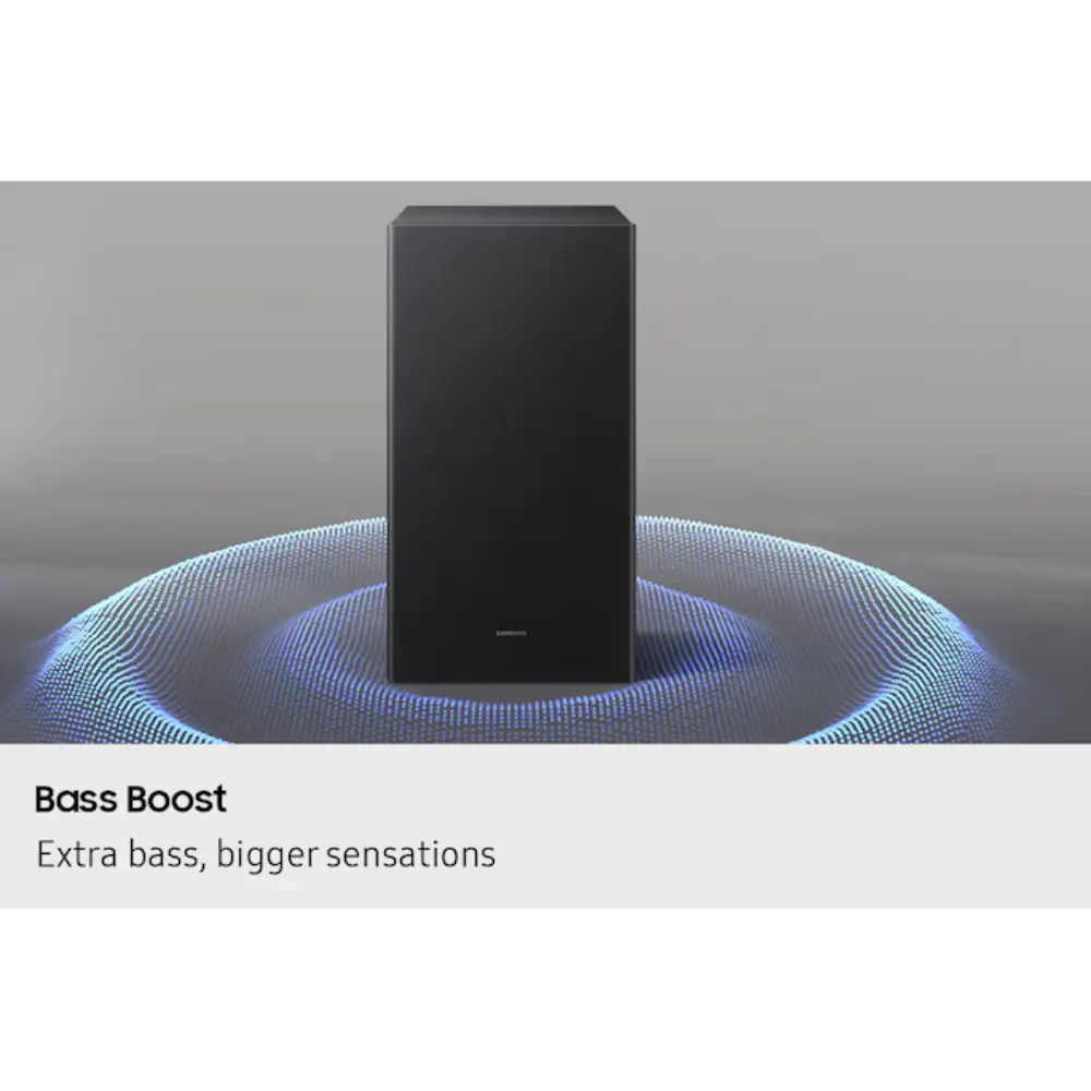 Black upright subwoofer speaker with blue bass-wave ring effect
