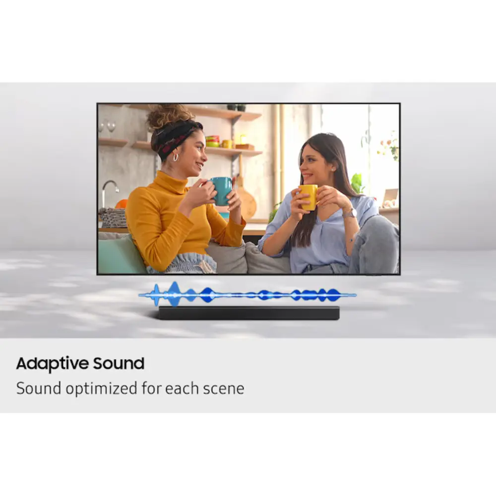 Black soundbar bar with blue sound-wave graphics under a TV scene