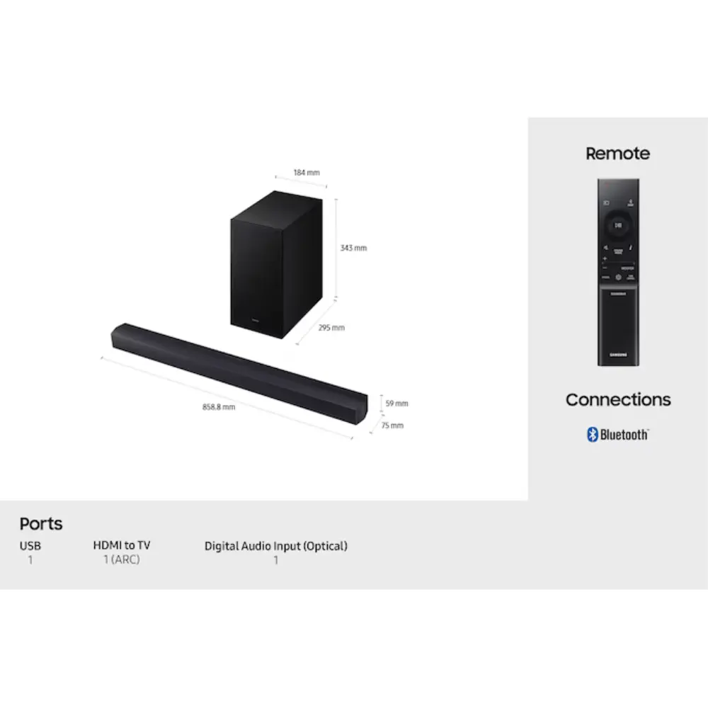 Soundbar and subwoofer with size diagram plus remote and Bluetooth connection label