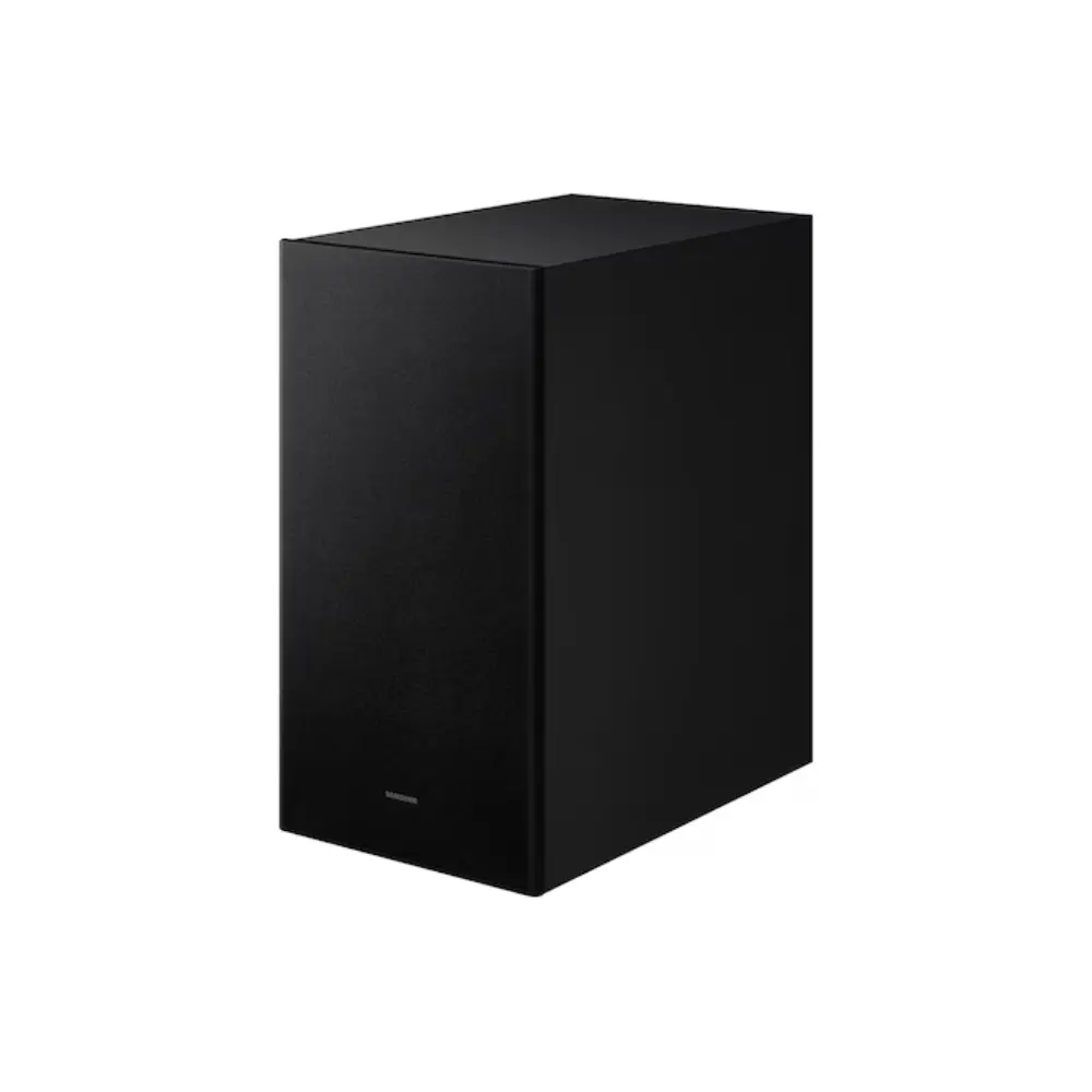 Black cube subwoofer speaker with a small front indicator