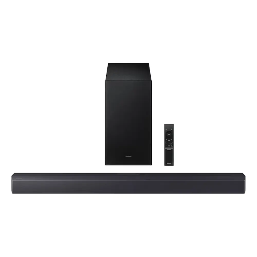 Black soundbar and subwoofer speaker with a compact remote control