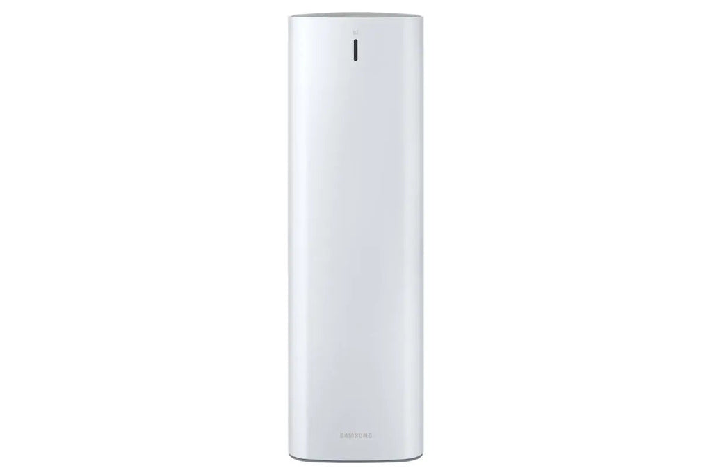 White stick vacuum cleaning station base with top slot and recessed control icons